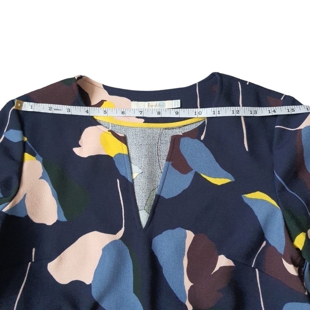 Boden Navy Floral Long 3/4 Sleeve Mini Dress Pockets Split V-neck Size 2R - Picture 10 of 14